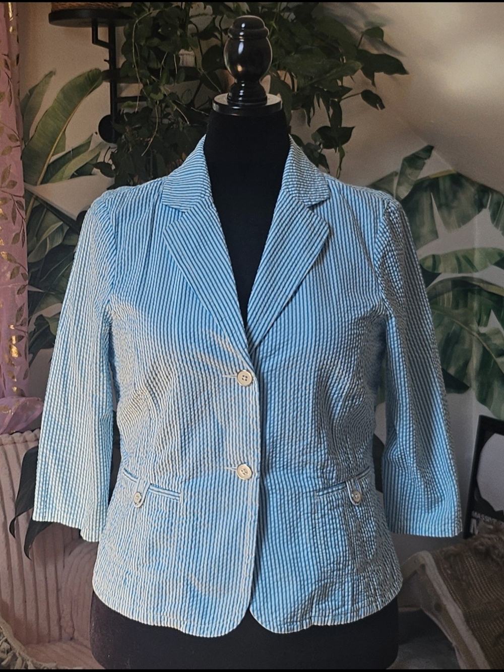 L.L. Bean Light Tourquoise Blue & White Striped Seersucker Blazer 3/4 Sleeves
